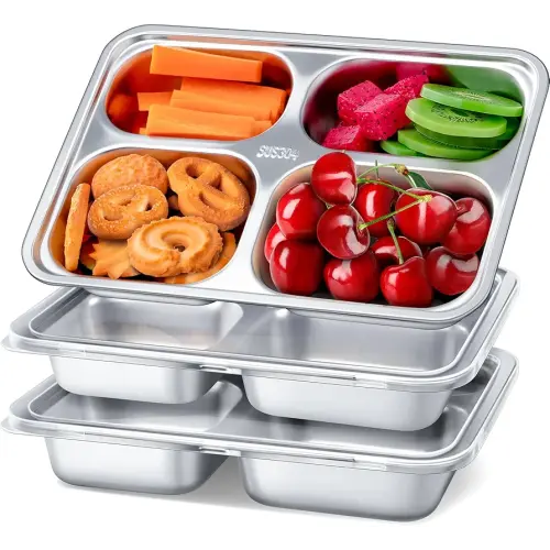 Stainless Steel Snack Containers with Lids - 3 Pack - 4 Compartments Bento Snack Boxes - Reusable Meal Prep Lunch Containers for Kids Adults - Divided Food Storage Container for School Home Travel