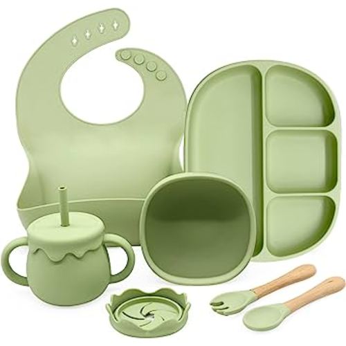 Baby Led Weaning Utensils, Divided Plate Suction Bowl, Spoon, Fork, Bib, Bowl, Sippy Cup, Snack Cup - Silicone Baby Feeding Set (Green)