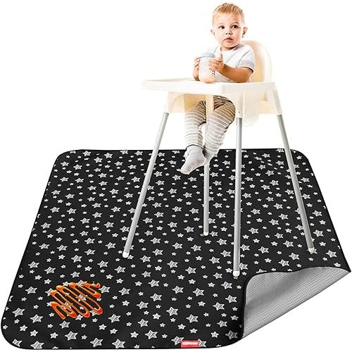 High Chair Mat Waterproof and Washable Splat Mat, Baby Splat Mat for Under High Chair, Non Slip Mat for Art/Crafts/Playtime, Protable Picnic Table Cloth Mat, 46'' x 42'', Black Star