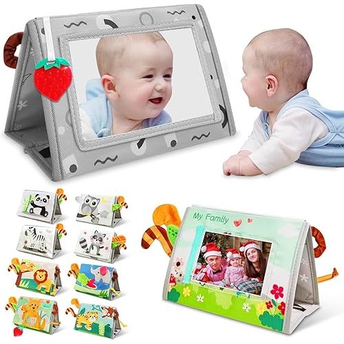 Baby Mirror Toys for Tummy Time, Newborn Infant 0 3 4 6 12 Months Old Boy, Girl . Brain Developmental Montessori Sensory High Contrast Crinkle Book w Safe Mirror for Floor, Crib, Car, Bouncer
