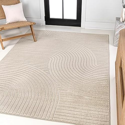 JONATHAN Y SCN100D-5 Hallie High-Low Minimalist Curve Geometric Beige/Cream 5 ft. x 8 ft. Indoor/Outdoor Area Rug for Patio, Backyard, Living Room, Bedroom, Office, Hose-Washable