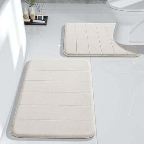 Yimobra Memory Foam Bath Mat Set, 2 Piece Soft Bathroom Rugs,17x24 and 24x20.4 U-Shaped Bathroom Rug, Toilet Mat, Water Absorption, Non Slip, Thick, Dry Fast for Bathroom Floor Mat, Cream White
