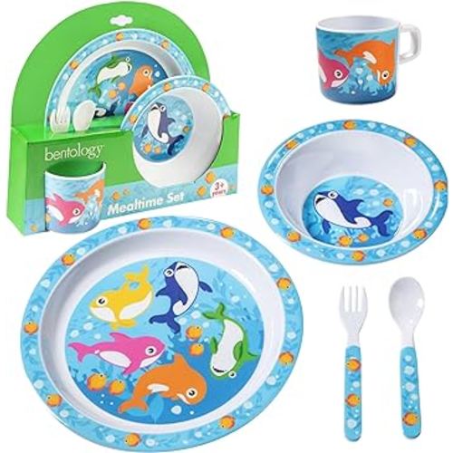 5 Pc Mealtime Feeding Set for Kids and Toddlers - Shark - Includes Plate, Bowl, Cup, Fork and Spoon Utensil Flatware - Durable, Dishwasher Safe, BPA Free