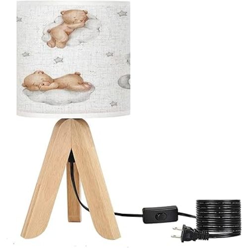 Wooden Tripod Nightstand Lamp Small Bedside Table Lamp with Light Bulb Adjustable Seamless Teddy Bears Clouds Moon Stars Watercolor Hand Drawn White Light Cute Desk Lamps for Nursery Bedroom