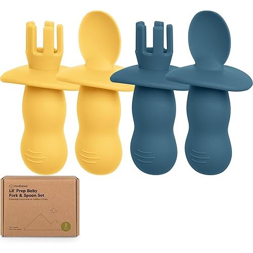 KeaBabies 4-Pack Silicone Baby Spoons and Forks Set - Baby Spoon Self Feeding, BLW Baby Utensils 6-12 Months,Baby Led Weaning Feeding Spoon,Teething Infant Baby First Food Training Pre Spoon (Valiant)