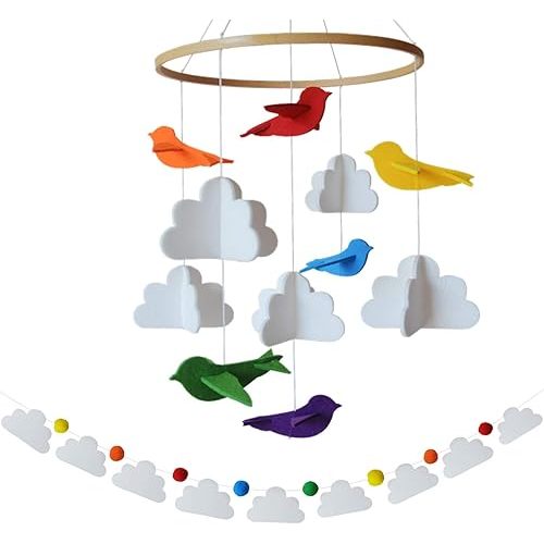 Baby Crib Mobile (Rainbow Birds in The Clouds, w/Garland) - Felt Nursery Ceiling Decoration and Baby Shower for Girls & Boys