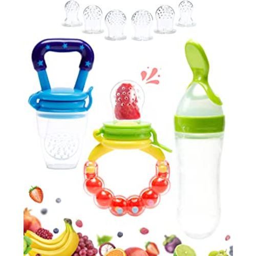 Baby Fruit Feeder Pacifier - 3 Pack | 2 Frozen Fruit Teething Pacifier & 1 Baby Food Spoon Feeder | Baby Silicone Feeder Pacifier | Teething Feeder, Baby Food Feeder Fruit Pacifier (Colorful)