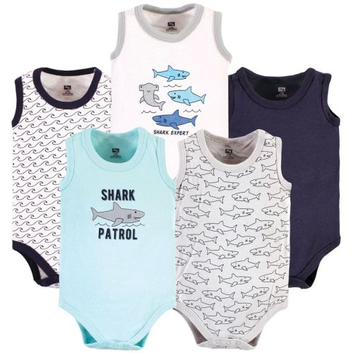 Hudson Baby Infant Boy Cotton Sleeveless Bodysuits, Shark Patrol, 0-3 Months
