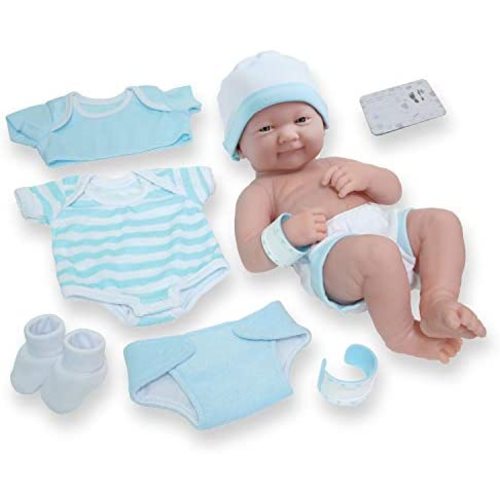 8 piece Layette Baby Doll Gift Set | JC Toys - La Newborn Nursery | 14" Life-Like Smiling Newborn Doll w/ Accessories | Blue