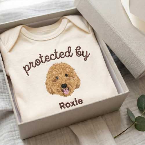 Personalized Embroidered Dog Portrait Baby Onesie, Embroidered Pet Baby Outfit Protected By, Custome Dog Lover Baby Gift for Boys & Girls