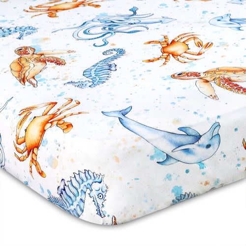 Jersey Knit Cotton Nautical Crib Sheet - Colorful Watercolor Ocean Creature Design - Soft Stretchy Breathable