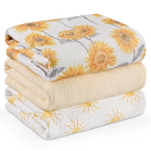 Muslin Swaddle Blankets for Newborn, 3 Pack Breathable Soft Receiving Blanket, Large 38 x 40 inches Swaddle Wrap Burping Clothes, Essentials Infant Shower Items, Toddler Gift (Sunflower)