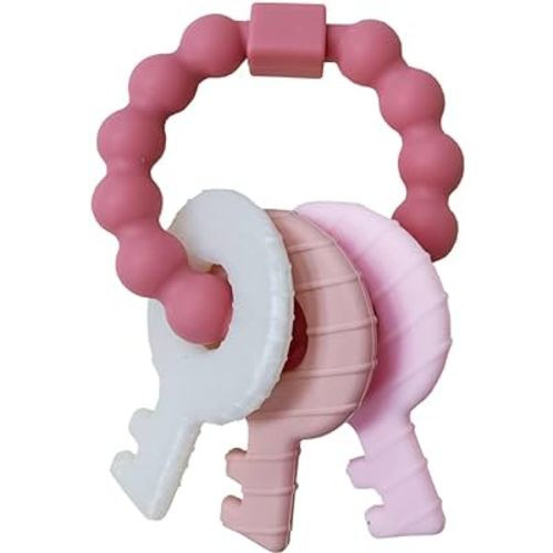 Baby Teething Keys Toys 3 to 12 Months,Infants Toddler Sensory Chew Toys,Teether Toys for Baby Girl-Soft & Raised Texture to Soothe Gums,BPA Free (Pink)
