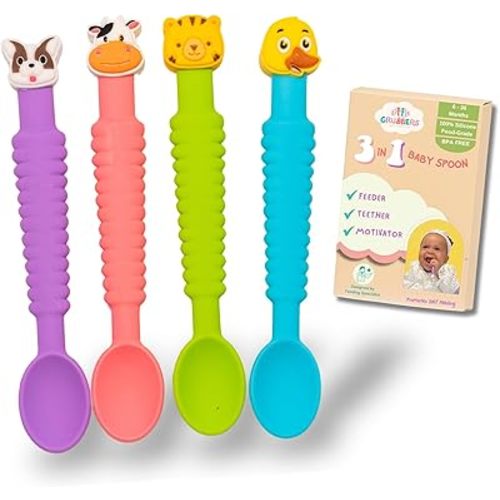 3-in-1 Silicone Baby Spoon Self Feeding 6+ Months - Teether Spoon, Pediatric OT Approved, Safe Non Toxic Toddler Utensils, Mess-Free, Fun for Baby Led Weaning Supplies, 4 Pack