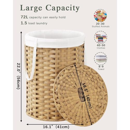 Laundry Hamper with Lid Laundry Basket with Lid 19.0 Gal (72 L) Round Wicker Laundry Basket Handwoven Rattan Hamper Removable Bag 2 Mesh Bags Handles for Living Room Bathroom Natural