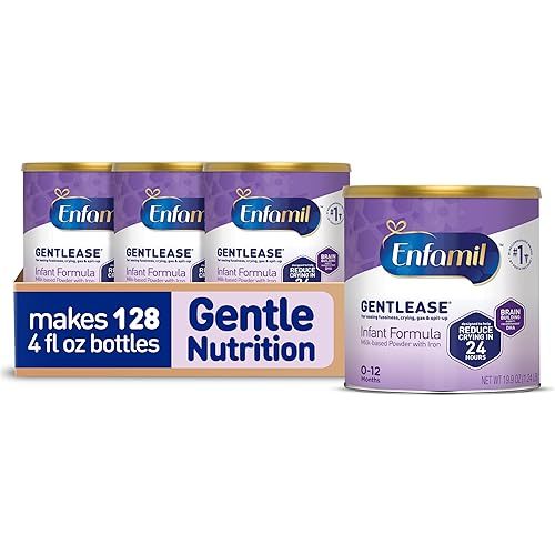 Enfamil Gentlease Baby Formula, Clinically Proven to Reduce Fussiness, Crying, Gas & Spit-up in 24 hours, Brain-Building Omega-3 DHA & Choline, Infant Formula Powder, Baby Milk, 19.9 Oz Can, 4 Count