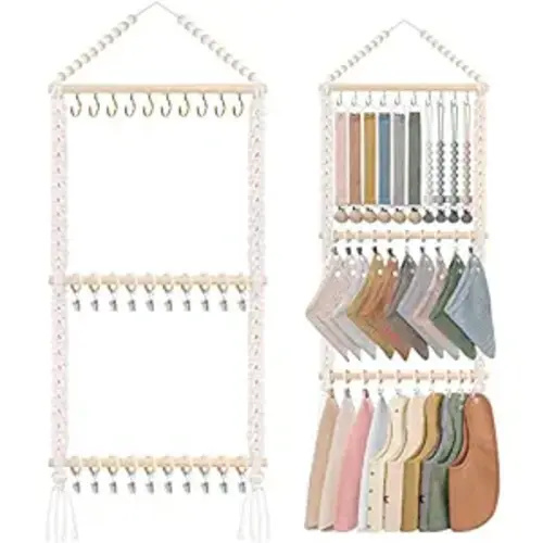 POVETIRE Pacifier Clip Holder Baby Bibs Organizer, Neutral Baby Bandana Drool Bibs Holder - Baby Burp Cloths Organizer Storage Hanging Wall Decor for Nursery Newborn Infant Girls and Boys Room - Beige-1