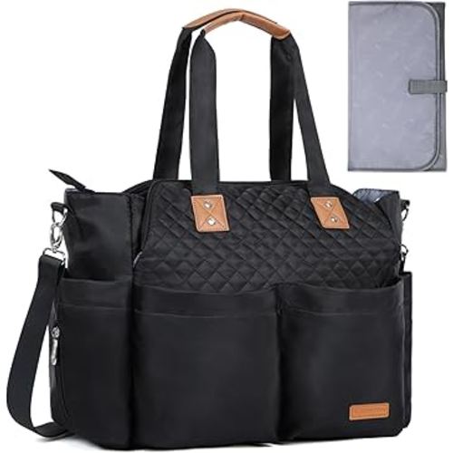 Lekebaby Diaper Bag Tote, Large Diaper Bags Waterproof,Large Mommy Bag for Hospital, Baby Bags for Mom Travel Diaper Tote Messenger Purse, Quilted Black