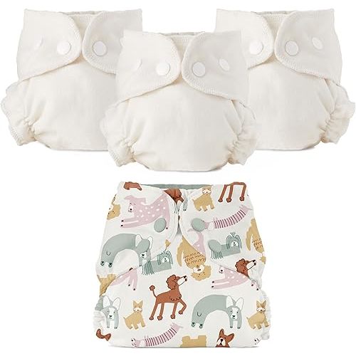 Esembly Cloth Diaper Bundle Set, 3 Organic Absorbent Inners and 1 Waterproof Recycled Diaper Cover, Reusable Washable Diapers with Snap Closure, Size 1 (7-17lbs), Off-Leash