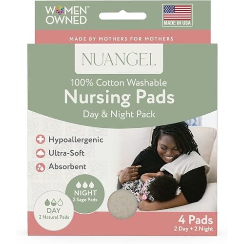 Day and Night Natural Cotton Reusable Nursing Pads for Breastfeeding, Perfect Breast Pads for Leaking Milk, Nipple Pads for Nursing Newborns, Must-Have for Breastfeeding Moms (4 Pack)