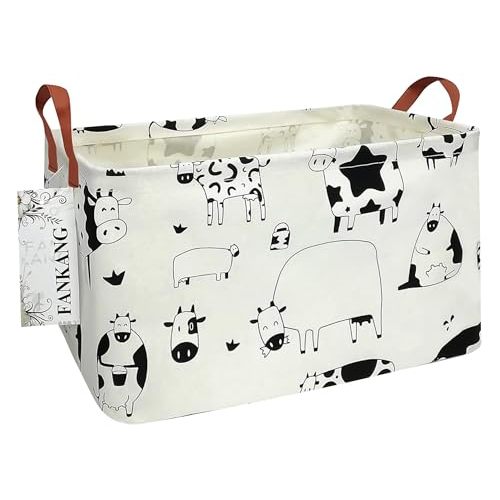 FANKANG Storage Basket,Nursery Hamper Canvas Laundry Basket Foldable with Waterproof PE Coating Storage, Office, Bedroom, Clothes,Toys(L, Rec-cows)
