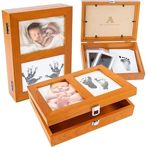 AUDRIC & ANNE 2-in-1 Keepsake Box & Baby Hand and Footprint Kit | Solid Cherry Wood Memory Box with Photo Frame & Inkless Paw, Hand & Footprints | Keepsakes, Pet Memorial, Wedding Gift (11″×8″×2.7″)