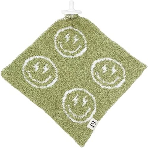 Smiley Face Baby Lovey Pacifier/Teether Holder 10"x10" - DreamSoft Knitted Cuddly Soothie Reversible Mini Comfort Blanket - Cute Newborn Gift Essential for Babies Boys and Girls (Green/White)