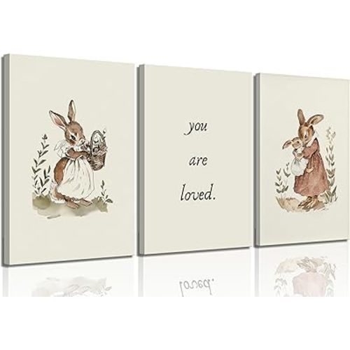 3 Pcs Bunny Nursery Canvas Wall Art Retro Cute Bunny Painting Picture Wall Decor Vintage Rabbit Mom and Baby Poster Print Artwork for Girls Room Bedroom living room Home Decoration