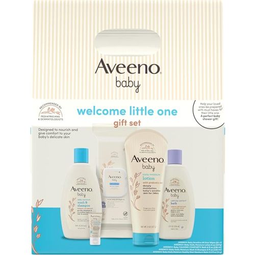 Aveeno Baby Welcome Little One Gift Basket, Baby Skincare Set with Nourishing Baby Body Wash & Shampoo, Calming Bath Wash, All Over Baby Wipes, & Daily Moisturizing Lotion, 5 Items