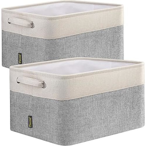 BALEINE 2 Pack Fabric Storage Bins for Shelves, Linen Storage Baskets for Organizing, Decorative Closet Bins for Clothes, Home (Grey, 12"x8"x8")
