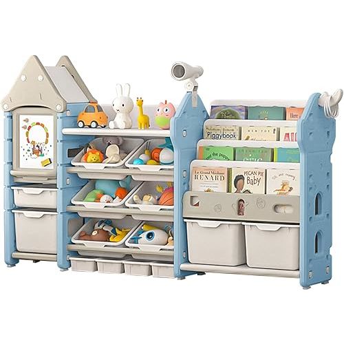 UNICOO - Kids Toy Storage Organizer and Children Bookshelf, with 14 Bins, Pull-Out Drawers Multipurpose Shelf for Toddlers to Organize Toys and Books (Magic Castle – Blue)