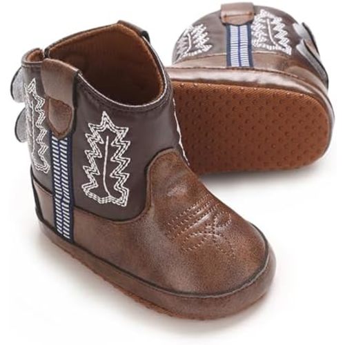 Karwuiio Toddler Baby Boys Girls Western Cowboy Boots First Walker Crib Shoes Soft Sole Non-Slip Moccasins Bootie