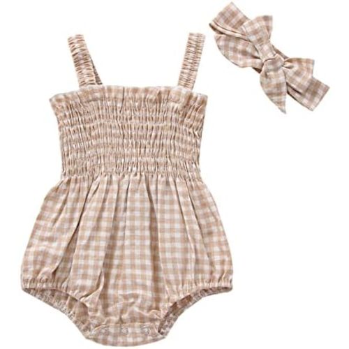 MERSARIPHY Newborn Baby Girl Summer Clothes Cotton Linen Bodysuit Romper Floral Pleated Tops with Headband