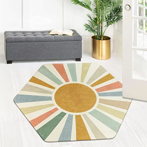 STARUIA Hexagon Sun Boho Rug for Entryway,4'x 4'7"Washable Colorful Nursery Rug for Kids Room,Ultra Soft Non-Slip Carpet Indoor Play Mat for Classroom Living Room - Monet