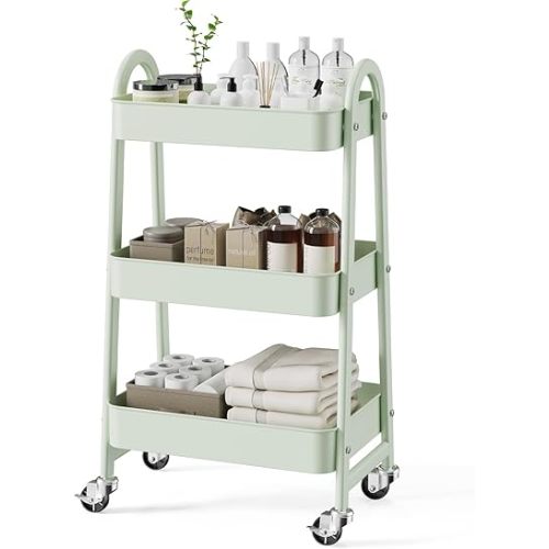 SMUG 3 Tier Rolling Cart - Metal Utility Carts on Lockable Caster Wheels, Mobile Storage Shelves Organizer for Livingroom, Bathroom, Kitchen, Bedroom & Narrow Places, Green