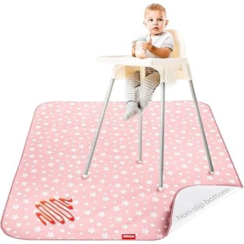 Baby Splat Mat Anti Slip Waterproof High Chair Mat, Baby Feeding Table Cloth Floor Mat Cover, Baby Art Playtime Mat for Craft/Mealtime, 42X46 Inch Washable Portable Picnic Mat - Pink Star