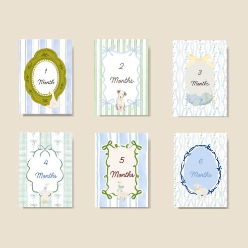 Baby Milestone Cards, 12 months, Printed, Linen Textured paper, Grandmillenial, Whimsical