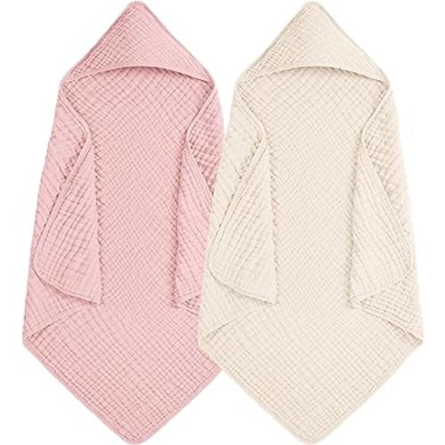 Hooded Baby Towels 100% Muslin Cotton Baby Bath Towels with Hood 2 Pack Baby Towels for Newborn, Infant, Toddler, Kids, Large 32x32Inches, Soft and Absorbent Newborn Essential Apricot&Pink