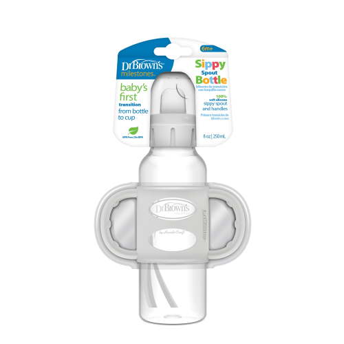 Dr. Brown's Milestones Narrow Sippy Spout Bottle, 100% Silicone Handles, 8oz/250ml, 6m+, BPA Free, Gray