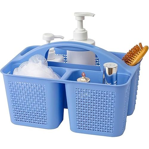 UUJOLY Plastic Portable Shower Caddy Basket Bucket, Cleaning Shower Basket with Handle Compartments Storage Basket Organizer for Bathroom Kitchen College Dorm Sink, Dark Blue