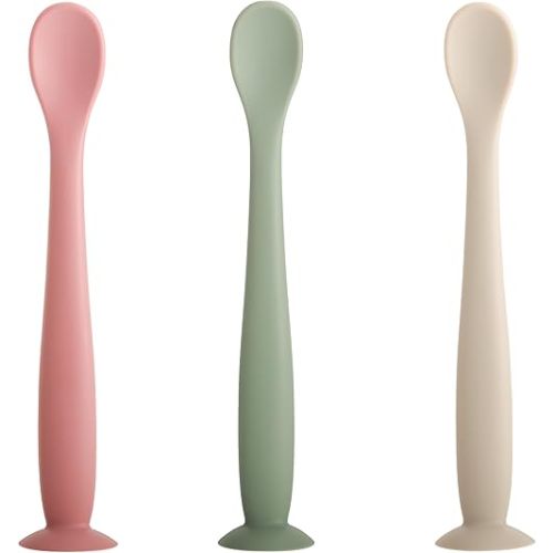 Silicone Baby Feeding Spoons Set of 3, Infant Feeding Spoon for First Stage, Bendable Baby Feeding Utensils With Suction Cup Base for Parent & Self-Feeding