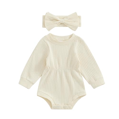 Infant Baby Girl Fall Outfit Clothes Long Sleeve Knit Romper Jumpsuit with Headband Newborn Coming Home Clothing