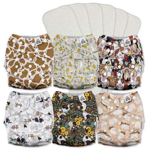 Mama Koala 3.0 Cloth Diapers for Babies with AWJ Lining, 6 Pack with 6 5-Layer Natural Cloth Diaper Inserts - Reusable and Washable Pocket Diapers(A-The Farm Story)