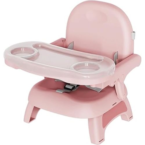 3-in-1 Booster Seat for Kitchen Chair, Booster Seat with Detachable Double Layer Tray, 3-Point Harness, Anti-Slip Design, Foldable Booster Chair for Babies and Toddlers, Pink