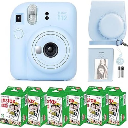 Fujifilm Instax Mini 12 Camera with Fujifilm Instant Mini Film (60 Sheets) Bundle with Deals Number One Accessories Including Carrying Case, Photo Album, Stickers (Pastel Blue)