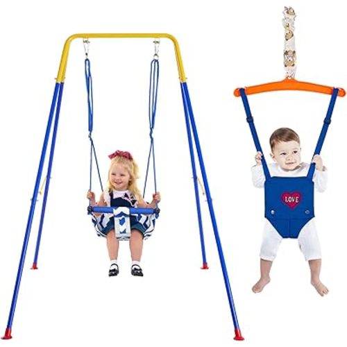 Toddler Swing & Jumper with Stand, 4 in 1 Baby Swing Set for Outdoor Indoor Play, Baby Bouncer Jumper with Safety Seat,61" (𝗛)