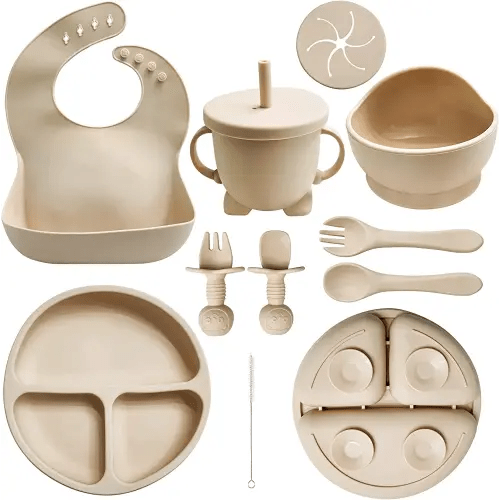 Baby Led Weaning Supplies | 10 Piece Silicone Feeding Set | Baby Toddler Bib Cup Divided Plate and Bowl Self Feeding Spoons Dish Set | Baby Utensils | Toddler Feeding Supplies (Beige)