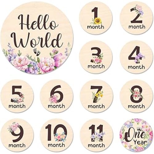 Baby Monthly Milestone Cards - 13pcs Wooden Double Sided Flower Monthly Milestone Signs, Birth Announcement Sign for Photo Props, 1-12 Months Newborn Milestones Cards, Baby Shower Party Gifts Marker