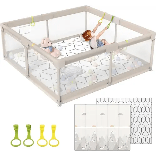 ZEEBABA Baby Playpen with Mat, Playpen for Babies (59x59x27inch), Kids Safety Play Pen for Babies and Toddlers, Extra Large Playpen Playmat, Baby Fence Gives Mommy a Break, Large Baby Play Yard