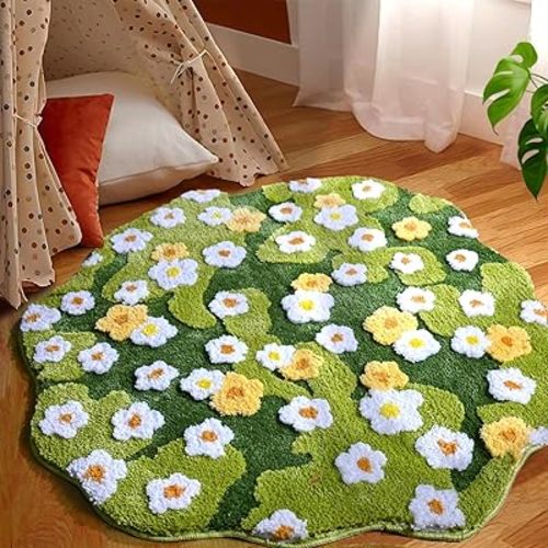 Yhoelata Rug Floral Area Rugs, Large 3ft Plant Flowers Bathroom Rug, 3D Cute Green Forest Leaf Aesthetic Plush Bath Shower Mat, Soft Microfiber Shaggy Carpet for Kid's Bedroom Living Room